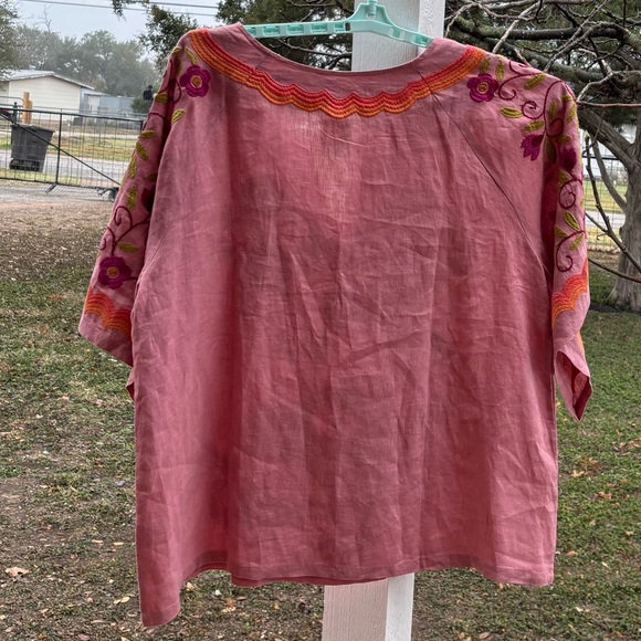 Sister Mary Linen Popover Blouse Pink Floral Embroidered Bird Mexican Style Top - Picture 2 of 7